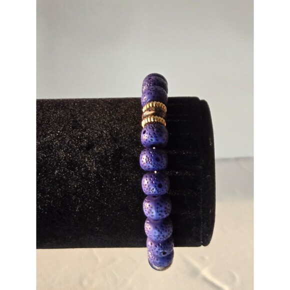unbranded Jewelry - Blue Beads Stretch Bracelet Textured Beads with Gold Accents